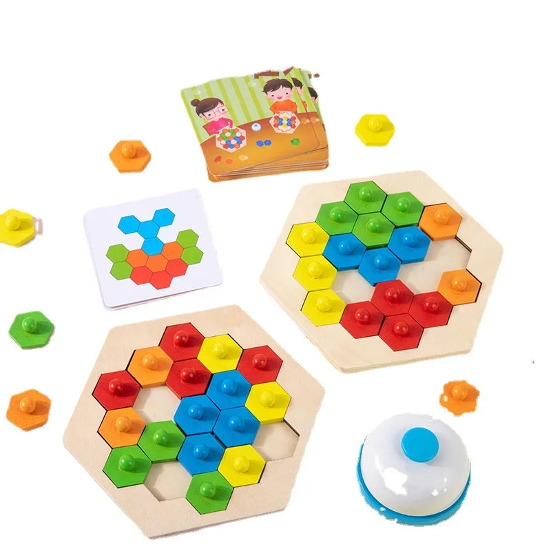 🧠 Jogo de Quebra-Cabeça Hexagonal de Madeira - Desafio Lógico STEM Montessori 🎨