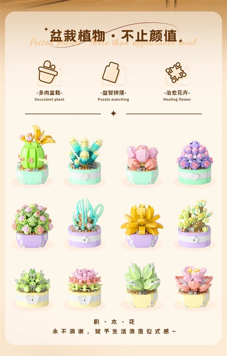 🌵 Conjunto de Blocos de Montar - Jardim de Flores e Suculentas DIY 🌸