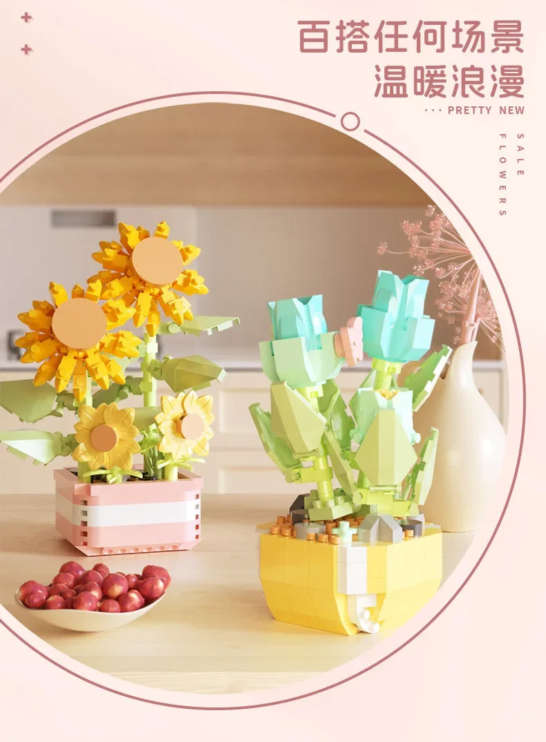 🌵 Conjunto de Blocos de Montar - Jardim de Flores e Suculentas DIY 🌸