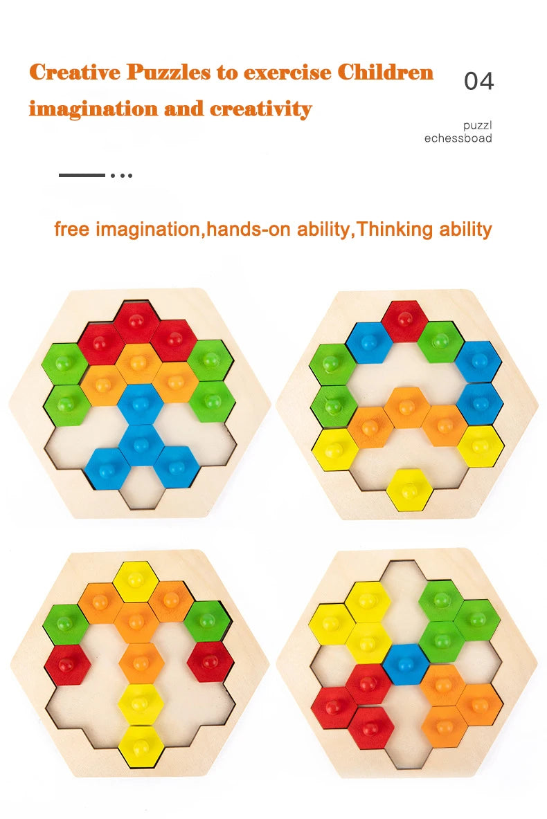 🧠 Jogo de Quebra-Cabeça Hexagonal de Madeira - Desafio Lógico STEM Montessori 🎨