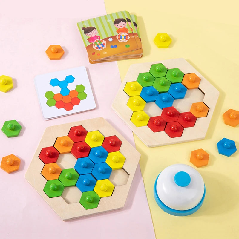 🧠 Jogo de Quebra-Cabeça Hexagonal de Madeira - Desafio Lógico STEM Montessori 🎨