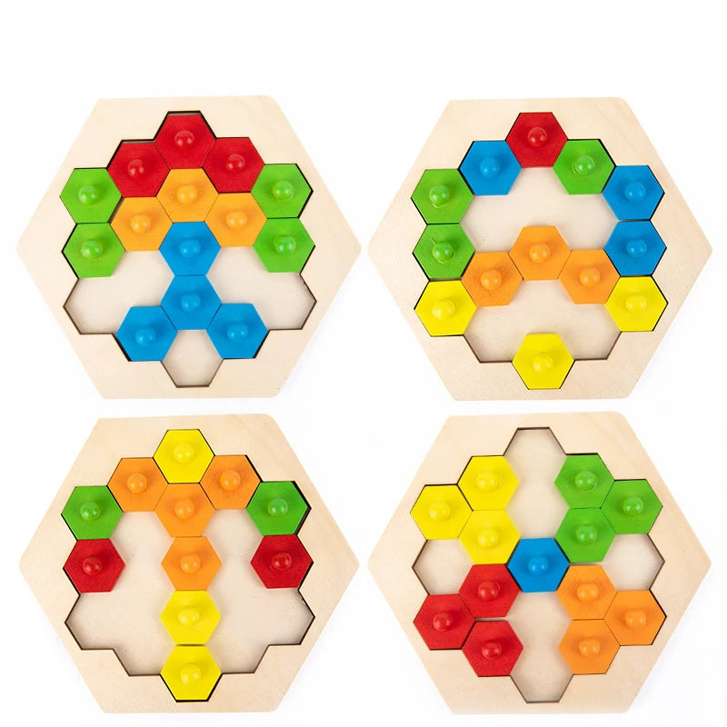 🧠 Jogo de Quebra-Cabeça Hexagonal de Madeira - Desafio Lógico STEM Montessori 🎨